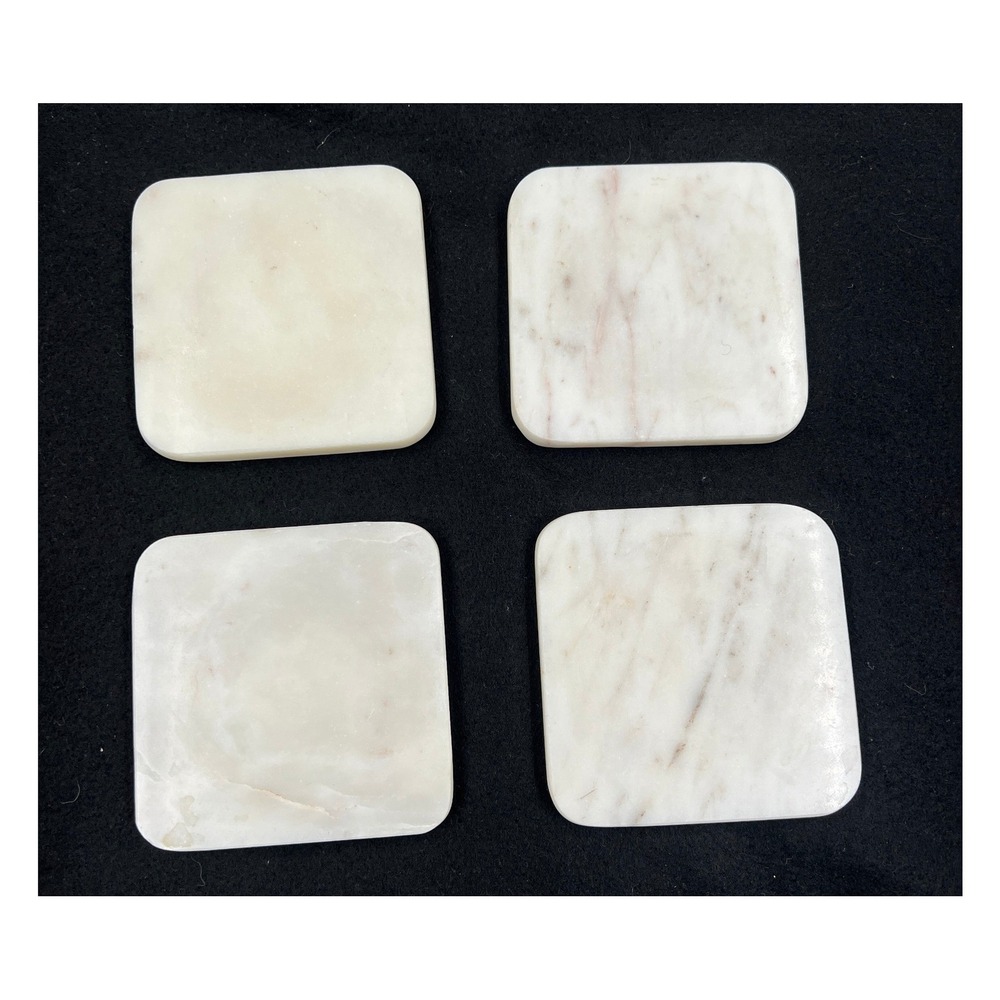 White Marble Coasters Set of 4 Square Polished Stone with Foam Backing 4x4